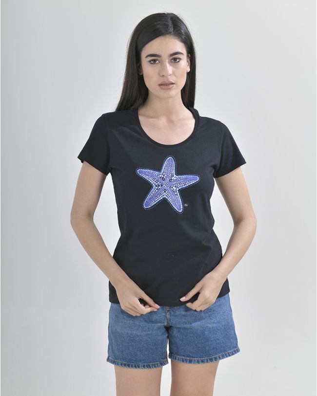 BLACK T-SHIRT BLUE STAR  STRASS S/M (100% COTTON)