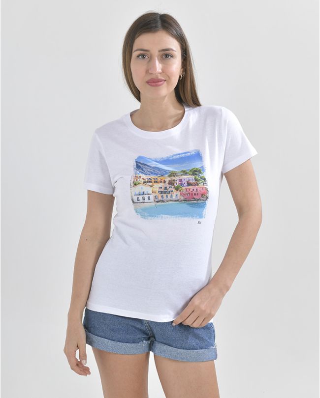 WHITE T-SHIRT COLORFUL ISLAND S/M (100% COTTON)
