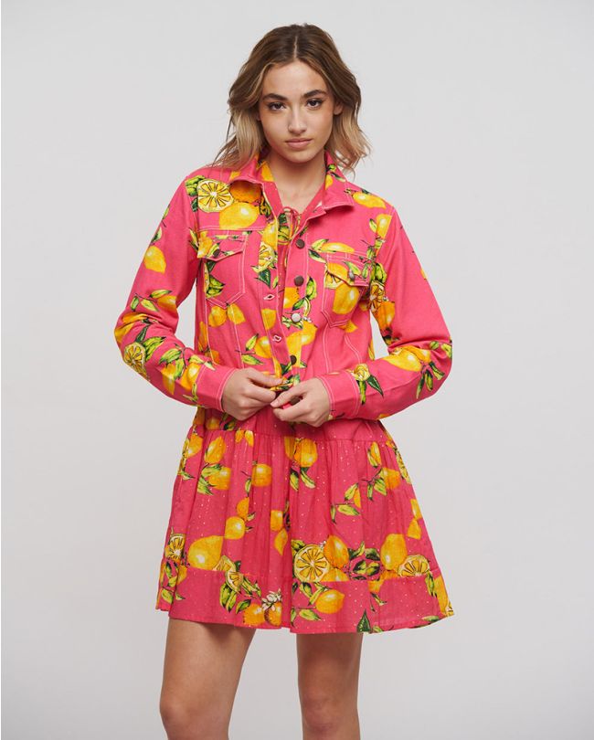 DENIM JACKET IN PINK/YELLOW COLOR WITH LEMONS S/M  (100% COTTON)