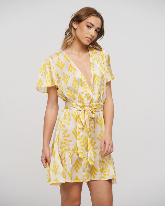 DRESS WITH BELT IN WHITE/YELLOW COLOR ONE SIZE (100% POLYESTER)