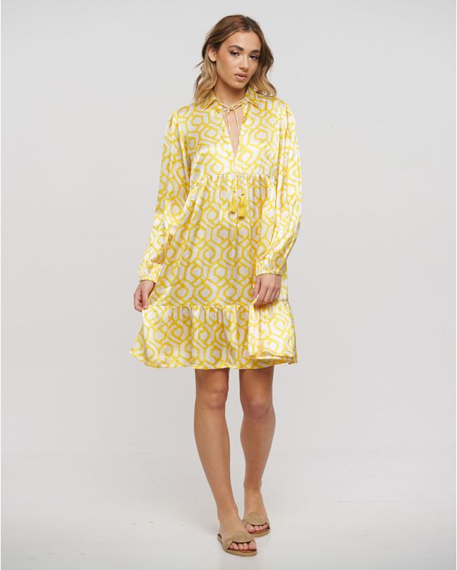 DRESS IN WHITE/YELLOW COLOR WITH TASSELS ONE SIZE (100% POLYESTER)