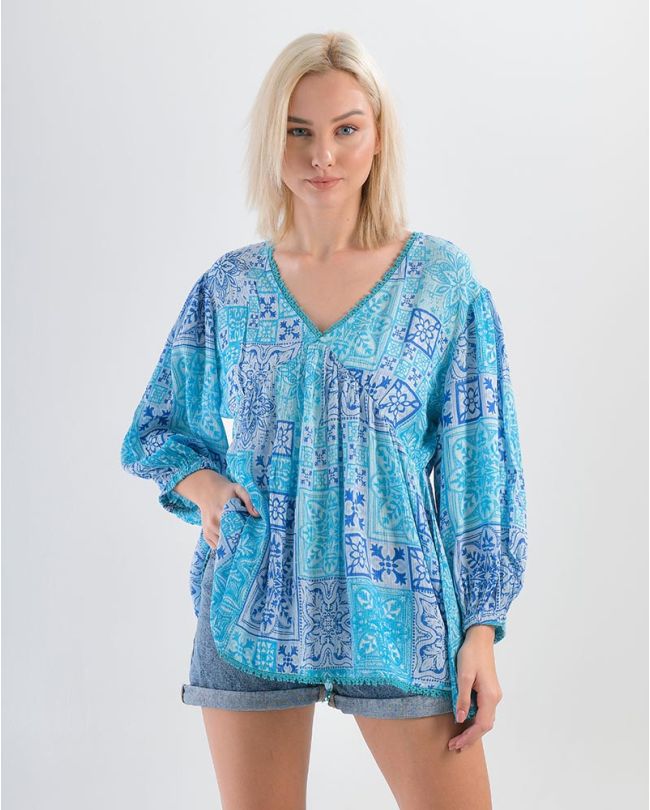 BLOUSE WITH 3/4 SLEEVES IN BLUE/LIGHT BLUE COLOR ONE SIZE