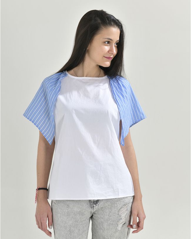 ΜΠΛΟΥΖΑ ΛΕΥΚΗ ΜΕ ΜΠΛΕ ΡΙΓΕ ΜΑΝΙΚΙ LARGE (100% COTTON)
