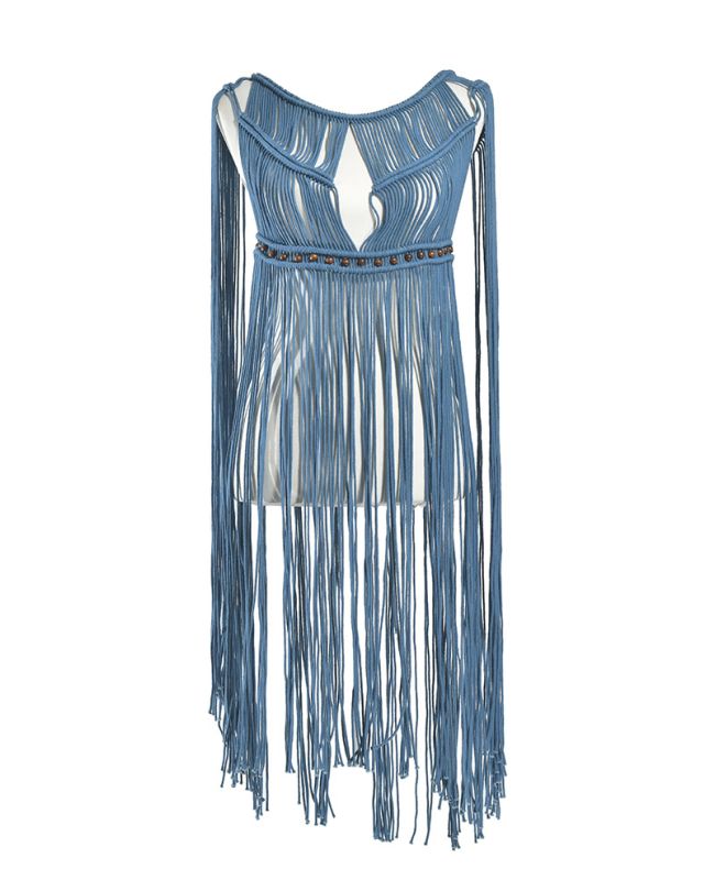 MACRAME TOP IN BLUE COLOR WITH BROWN BEADS ONE SIZE (100% COTTON)