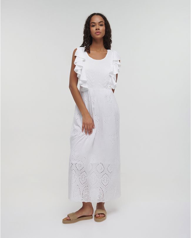 LONG SLEEVELESS DRESS IN WHITE COLOR WITH RUFFLES ONE SIZE(100%COTTON)