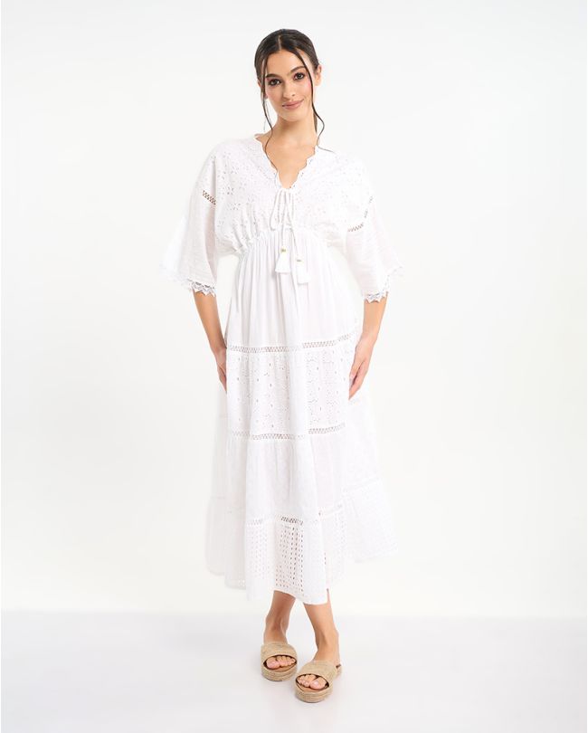 ΦΟΡΕΜΑ ΜΑΚΡΥ ΜΕ ΚΡΟΣΙΑ ΣΤΑ ΜΑΝΙΚΙΑ ΣΕ ΛΕΥΚΟ ΧΡΩΜΑ ONE SIZE (100% COTTON)