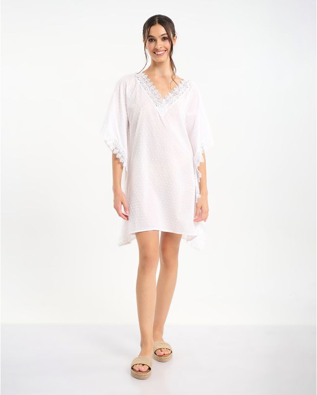 KAFTAN IN WHITE WITH DECORATIVE 'LEAF' DESIGNS ONE SIZE (100% COTTON)