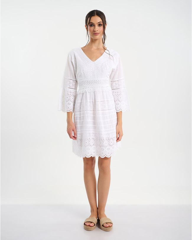 DRESS IN WHITE WITH UNIQUE LONG SLEEVES ONE SIZE (100% COTTON)