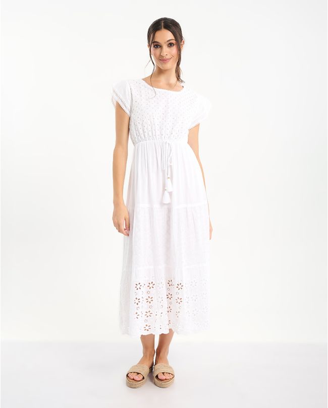 DRESS IN WHITE WITH SHORT SLEEVES AND FLOWERS ONE SIZE (100% COTTON)