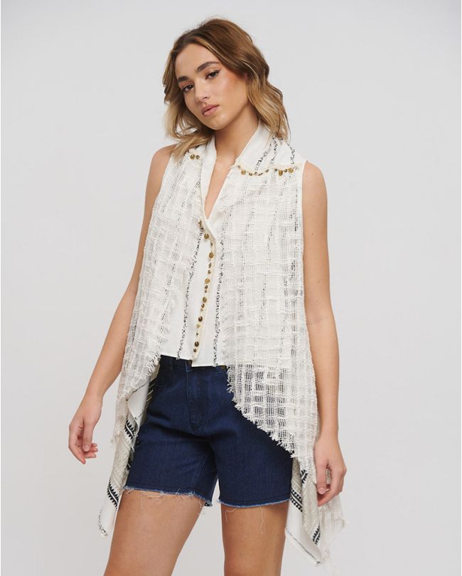 SLEEVELESS VEST IN ECRU COLOR WITH BLACK DETAILS ONE SIZE (100% COTTON)