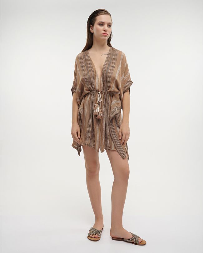 SHORT KIMONO IN BROWN COLOR WITH BEIGE DETAILS ONE SIZE (100%COTTON)