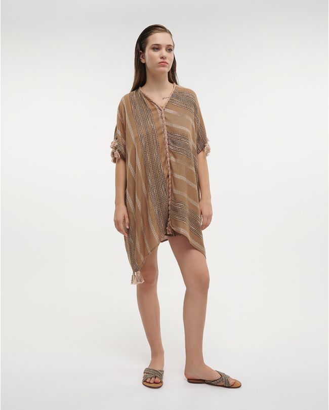 SHORT KAFTAN IN BROWN COLOR WITH BEIGE DETAILS ONE SIZE (100%COTTON)