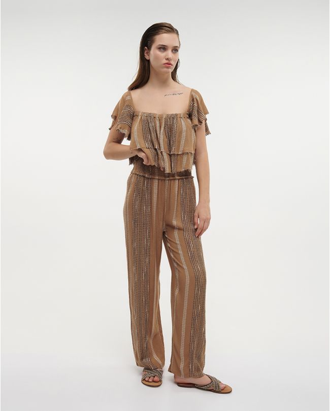 CROP TOP IN BROWN COLOR WITH BEIGE DETAILS ONE SIZE (100%COTTON)