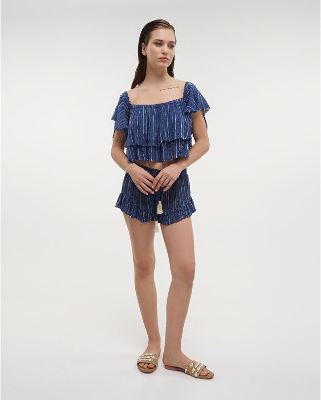 CROP TOP IN BLUE COLOR WITH WHITE DETAILS ONE SIZE (100%COTTON)