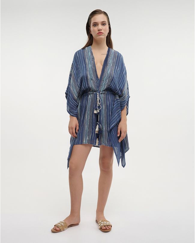 SHORT KIMONO IN BLUE COLOR WITH WHITE DETAILS ONE SIZE (100%COTTON)