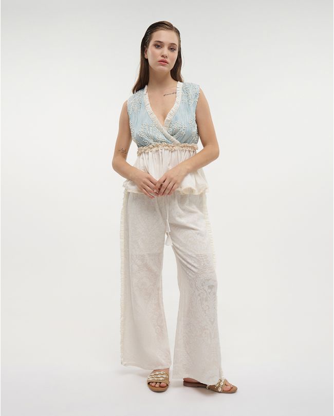 SLEEVELESS TOP IN ECRU/BABY BLUE COLOR ONE SIZE (100% COTTON)