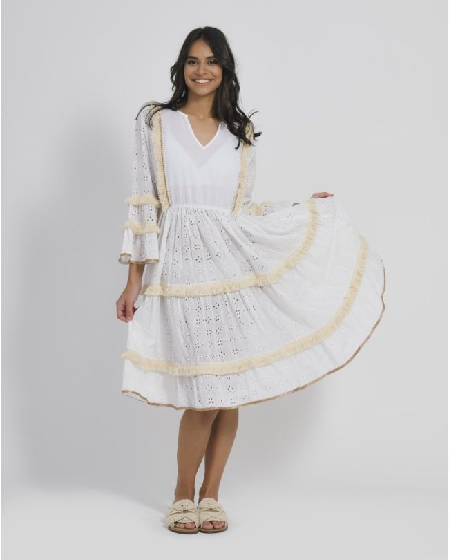DRESS/KAFTAN WHITE BEIGE WITH FRINGES ONE SIZE (100% COTTON)