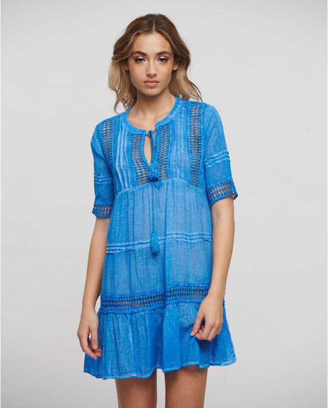 SHORT DRESS/KAFTAN IN BLUE COLOR WITH STRIPES ONE SIZE (100% COTTON)