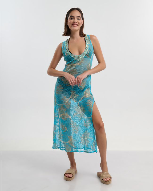 LONG SLEEVELESS NET KAFTAN IN BLUE COLOR WITH GOLD DETAILS ONE SIZE (100% COTTON)