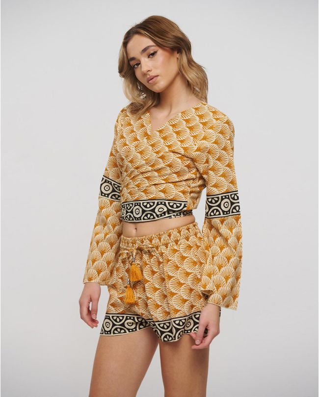 TOP WITH LONG SLEEVES IN MUSTARD YELLOW/WHITE COLOR ONE SIZE (100% COTTON)