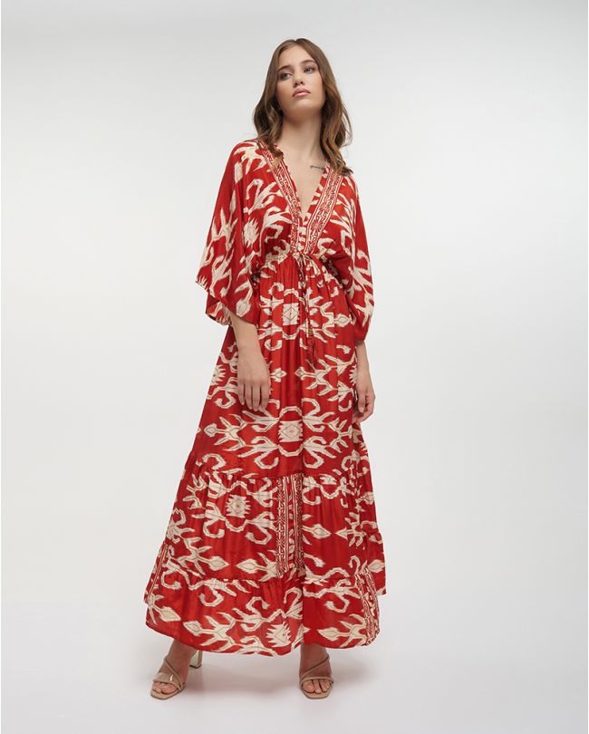 LONG DRESS 3/4 IN RED/WHITE COLOR ONE SIZE (70% SILK 30% POLYESTER)