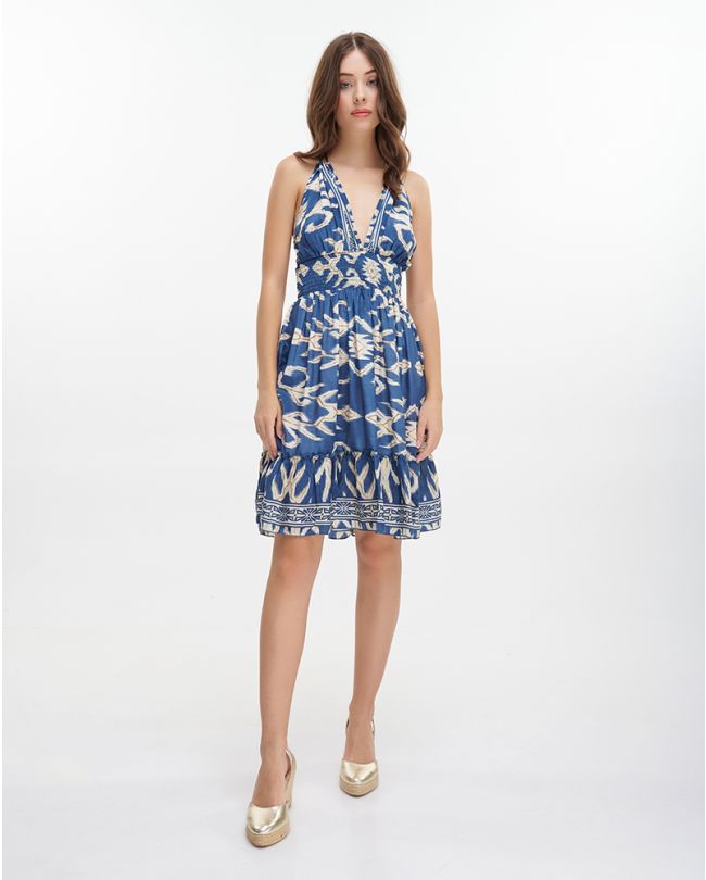 SHORT DRESS IN BLUE/WHITE COLOR ONE SIZE (70% SILK 30% POLYESTER)