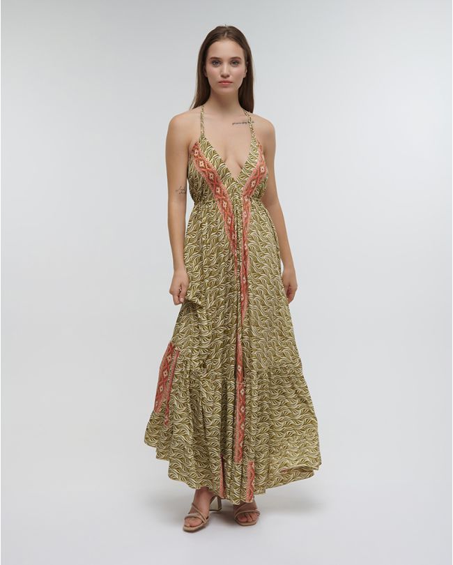 LONG DRESS IN KHAKI/RED COLOR ONE SIZE (70% SILK 30% POLYESTER)