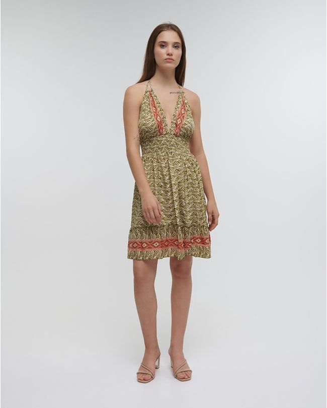 SHORT DRESS IN KHAKI/RED COLOR ONE SIZE (70% SILK 30% POLYESTER)