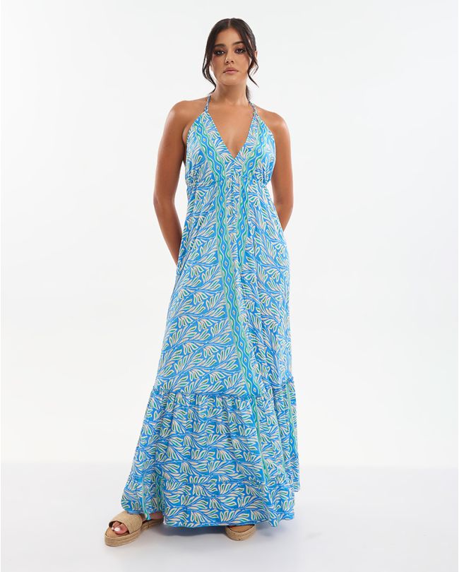 ΦΟΡΕΜΑ ΜΑΚΡΥ ΜΠΛΕ/ΕΚΡΟΥ ΜΕ ΤΥΡΚΟΥΑΖ/ΠΡΑΣΙΝΕΣ ΛΕΠΤΟΜΕΡΕΙΕΣ ONE SIZE (70% SILK 30% POLYESTER)