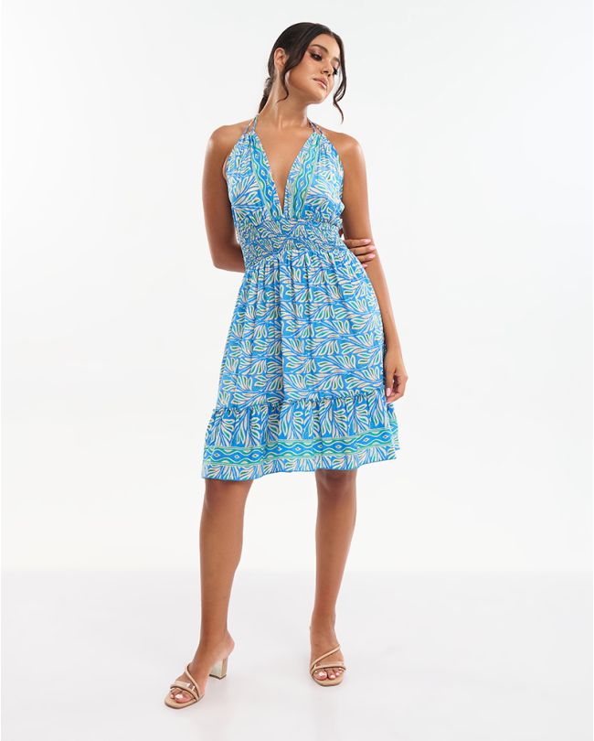 ΦΟΡΕΜΑ ΚΟΝΤΟ  ΜΠΛΕ/ΕΚΡΟΥ ΜΕ ΤΥΡΚΟΥΑΖ/ΠΡΑΣΙΝΕΣ ΛΕΠΤΟΜΕΡΕΙΕΣ ONE SIZE (70% SILK 30% POLYESTER)