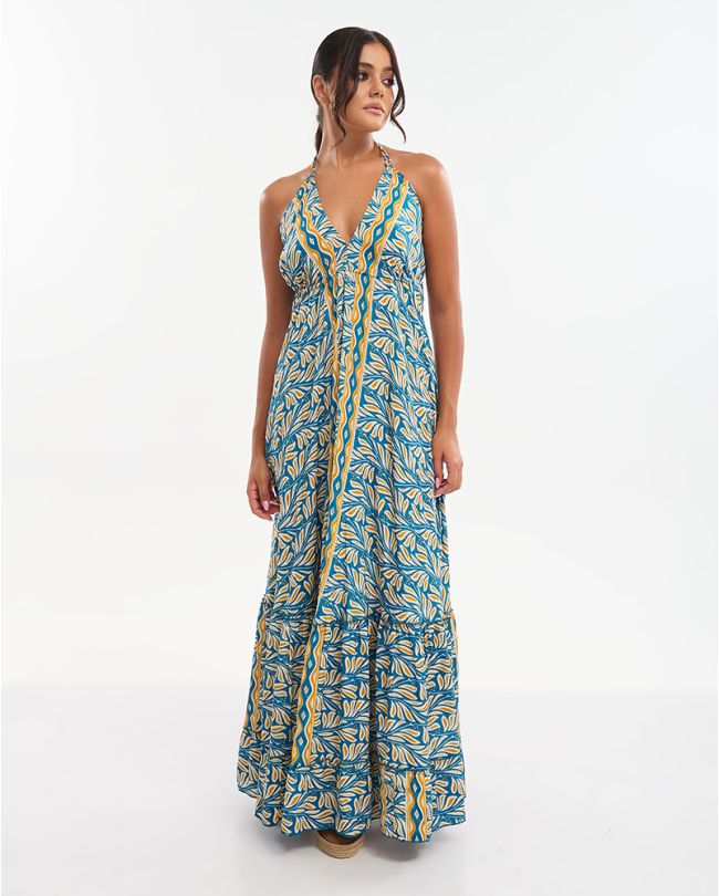 LONG DRESS IN YELLOW/BLUE COLOR ONE SIZE (70% SILK 30% POLYESTER)