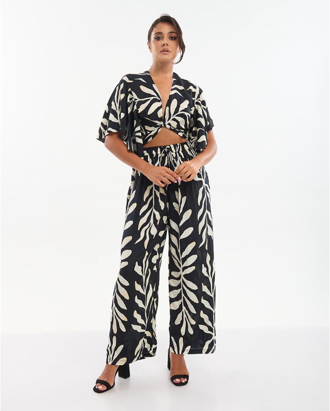 S/2 TOP AND PANTS IN BLACK WITH ECRU DETAILS ONE SIZE (70% SILK 30% POLYESTER)