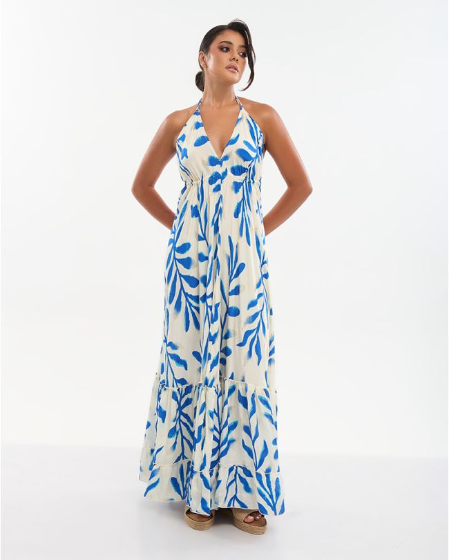 LONG DRESS IN ECRU WITH BLUE/GOLD DETAILS ONE SIZE (70% SILK 30% POLYESTER)