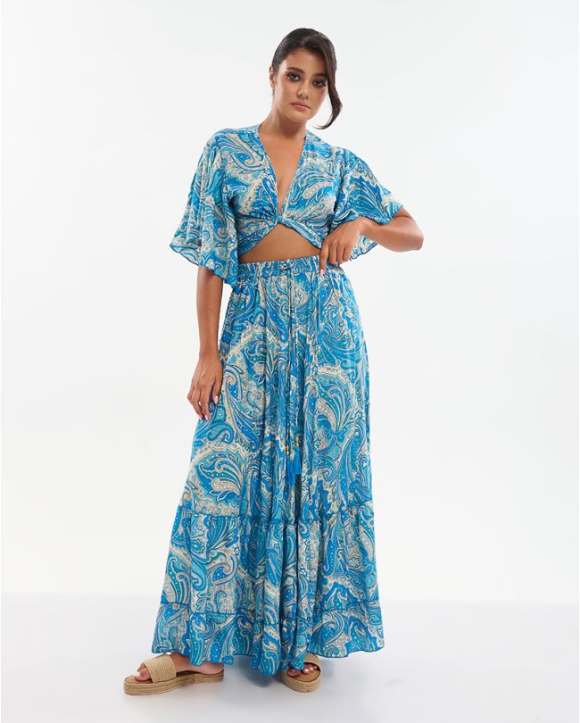 S/2 ΤΟΠ ΚΑΙ ΦΟΥΣΤΑ ΜΠΛΕ/ΧΡΥΣΟ ΜΕ ΣΧΕΔΙΑ ONE SIZE (70% SILK 30% POLYESTER)