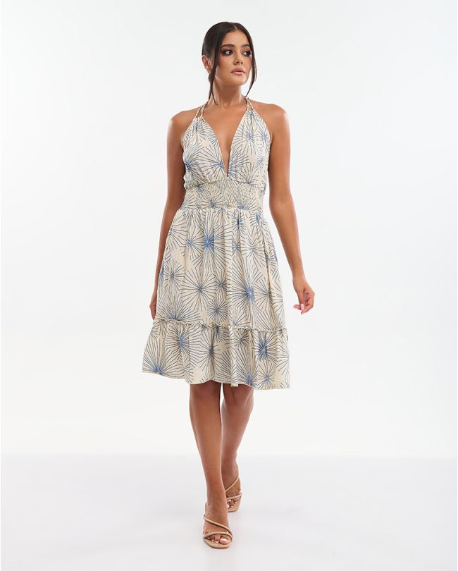 ΦΟΡΕΜΑ ΚΟΝΤΟ ΕΚΡΟΥ ΜΕ ΧΡΥΣΑ/ΜΠΛΕ ΛΟΥΛΟΥΔΙΑ (70% SILK 30% POLYESTER)