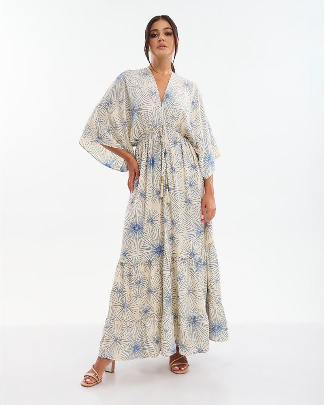 ΦΟΡΕΜΑ ΜΑΚΡΥ 3/4 ΕΚΡΟΥ ΜΕ ΧΡΥΣΑ/ΜΠΛΕ ΛΟΥΛΟΥΔΙΑ (70% SILK 30% POLYESTER)