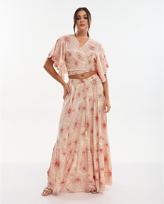 S/2 ΤΟΠ ΚΑΙ ΦΟΥΣΤΑ ΣΕ ΕΚΡΟΥ ΜΕ ΚΟΚΚΙΝΑ/ΧΡΥΣΑ ΛΟΥΛΟΥΔΙΑ ONE SIZE (70% SILK 30% POLYESTER)