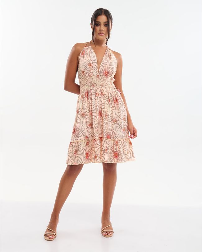 ΚΟΝΤΟ ΦΟΡΕΜΑ ΣΕ ΕΚΡΟΥ ΜΕ ΚΟΚΚΙΝΑ/ΧΡΥΣΑ ΛΟΥΛΟΥΔΙΑ ONE SIZE (70% SILK 30% POLYESTER)