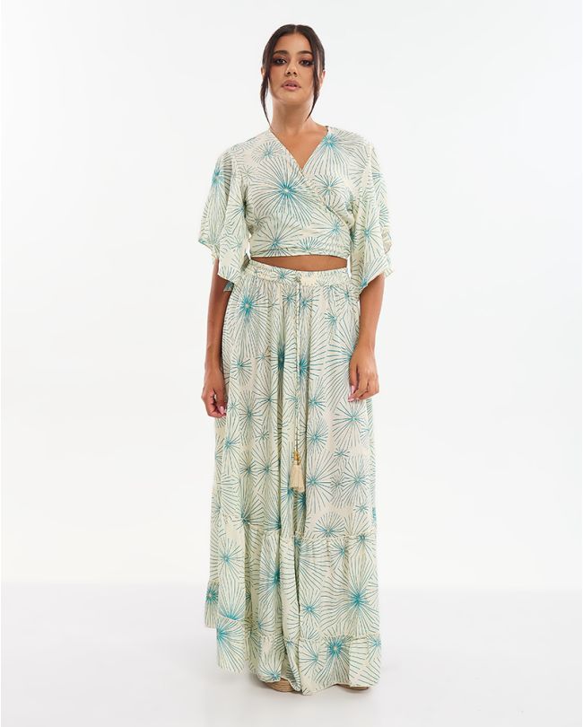 S/2 ΤΟΠ ΚΑΙ ΦΟΥΣΤΑ ΕΚΡΟΥ ΜΕ  ΤΥΡΚΟΥΑΖ/ΧΡΥΣΑ ΛΟΥΛΟΥΔΙΑ ONE SIZE (70% SILK 30% POLYESTER)