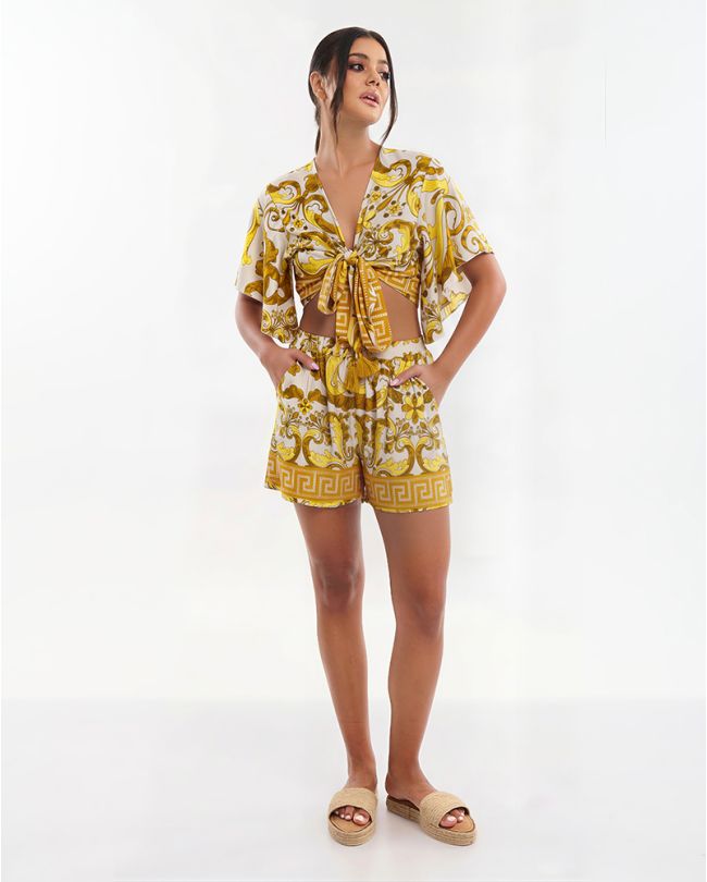 S/2 SHIRT AND SHORTS IN YELLOW/ECRU COLOR WITH DETAILS ONE SIZE (70% SILK 30% POLYESTER)