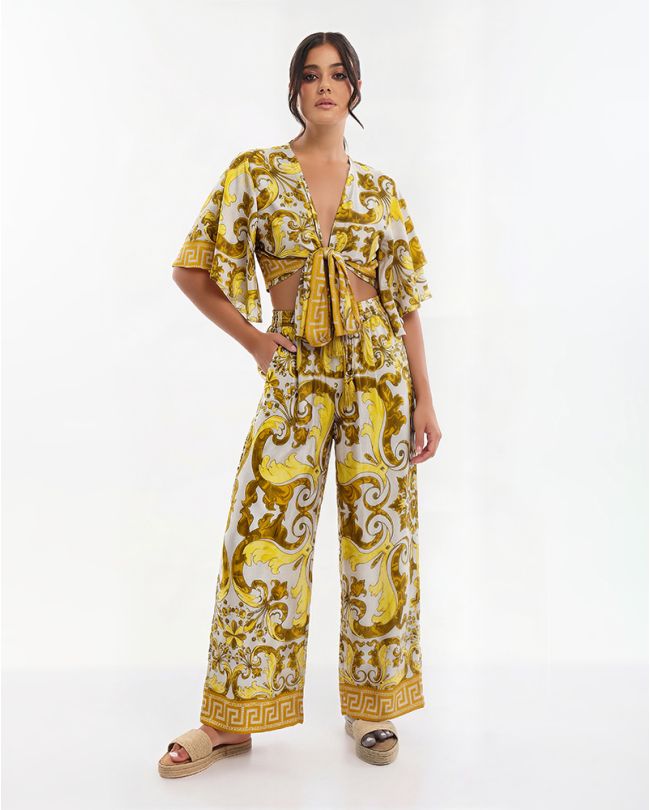 S/2 TOP AND PANTS IN YELLOW/ECRU COLOR WITH DETAILS ONE SIZE (70% SILK 30% POLYESTER)