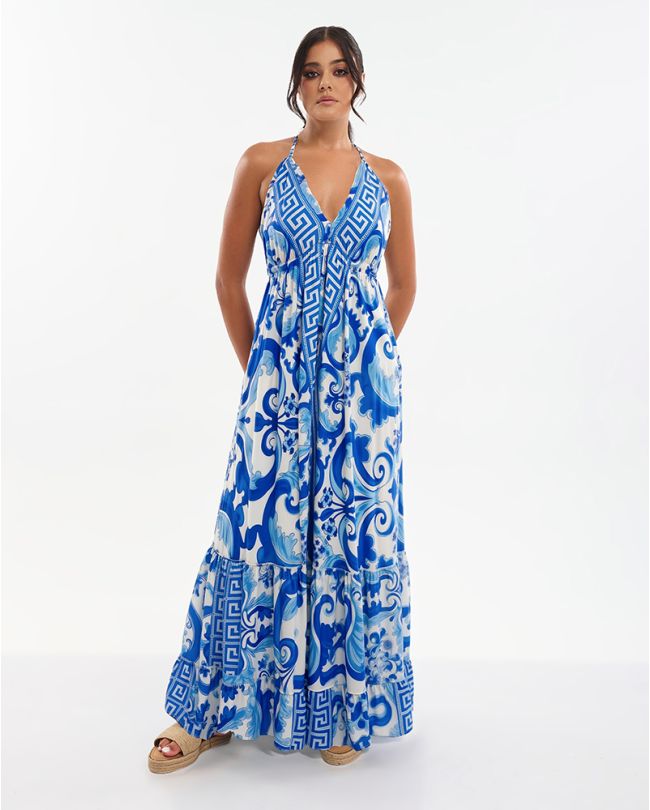 LONG DRESS IN BLUE COLOR WITH DETAILS ONE SIZE (70% SILK 30% POLYESTER)