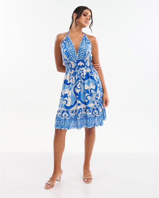 SLEEVELESS SHORT DRESS IN BLUE COLOR WITH DETAILS ONE SIZE (70% SILK 30% POLYESTER)