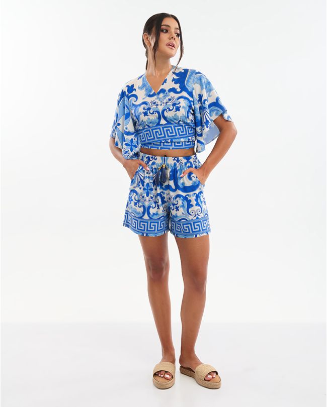 S/2 SHIRT AND SHORTS IN BLUE COLOR WITH DETAILS ONE SIZE (70% SILK 30% POLYESTER)
