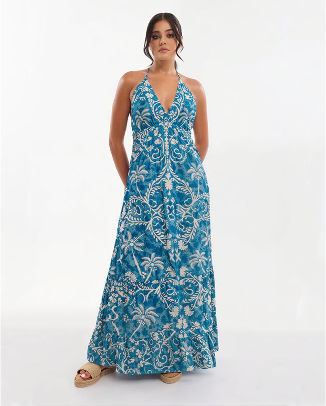 LONG DRESS IN BLUE/ECRU COLOR WITH DETAILS ONE SIZE (70% SILK 30% POLYESTER)