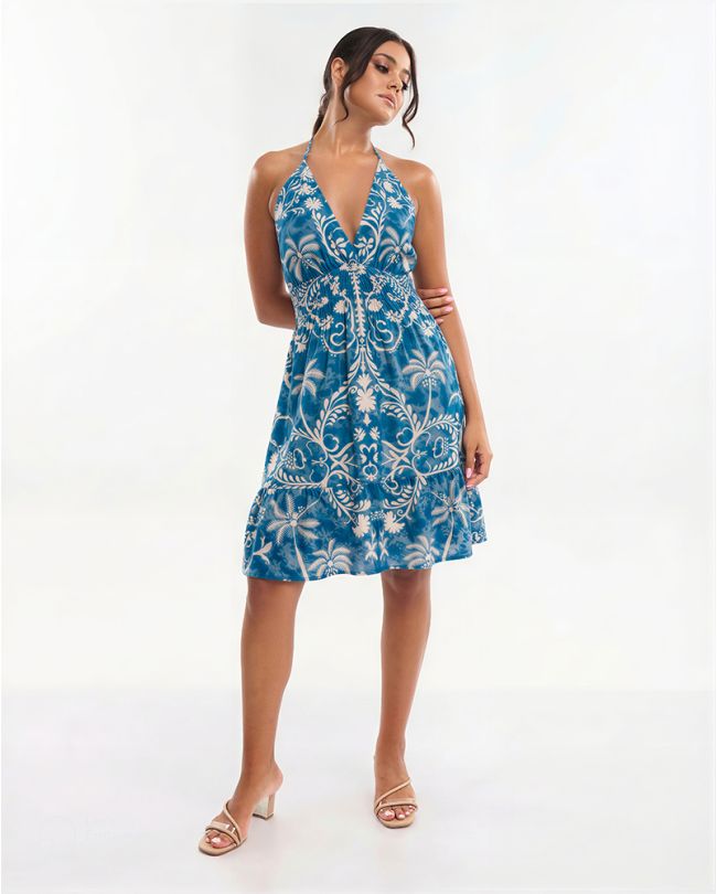 SLEEVELESS SHORT DRESS IN BLUE/ECRU COLOR WITH DETAILS ONE SIZE (70% SILK 30% POLYESTER)