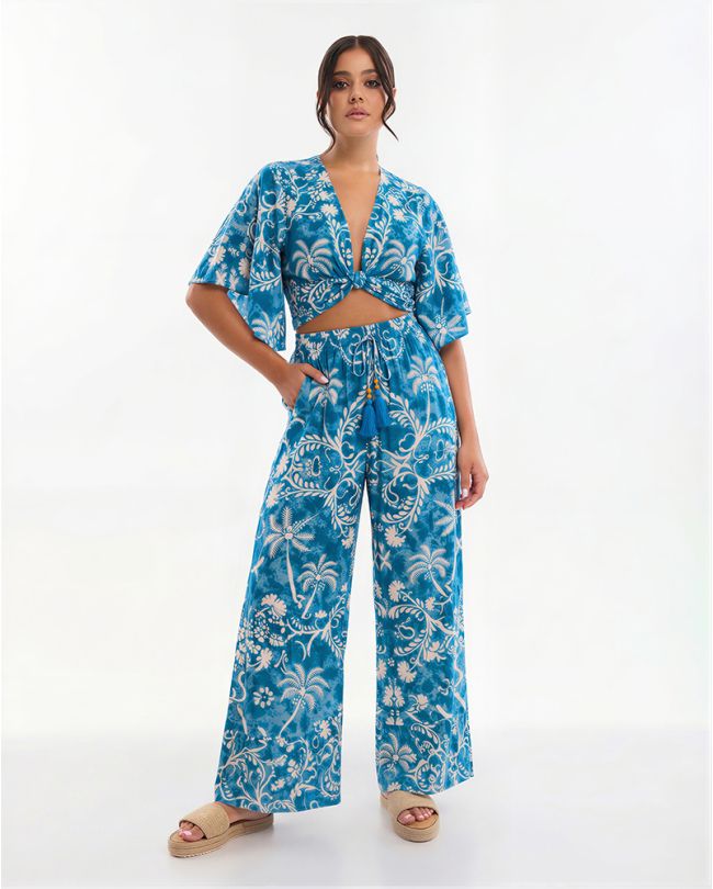S/2 TOP AND PANTS IN BLUE/ECRU COLOR WITH DETAILS ONE SIZE (70% SILK 30% POLYESTER)
