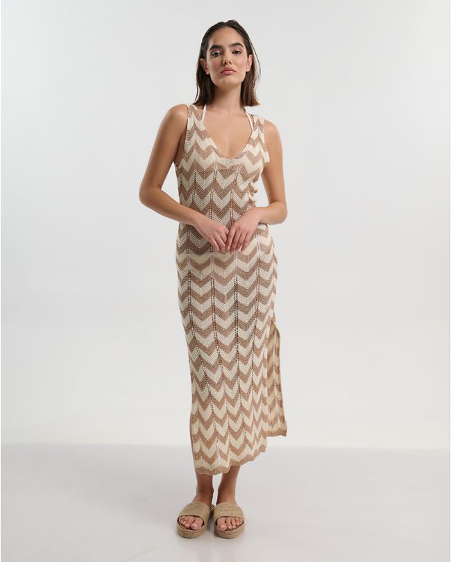 LONG SLEEVELESS DRESS IN  BEIGE/ECRU COLOR ONE SIZE (100% POLYESTER)