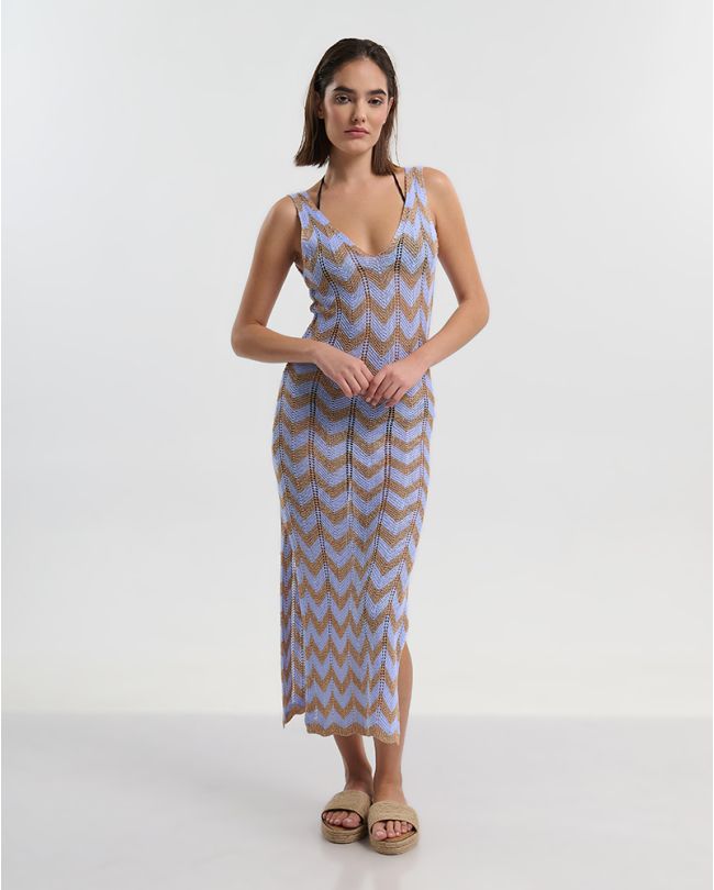 LONG SLEEVELESS DRESS IN BEIGE/BABY BLUE COLOR ONE SIZE (100% POLYESTER)