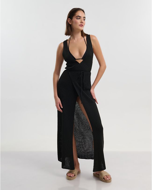 LONG DRESS WITH SHORT SLEEVES IN BLACK COLOR ONE SIZE (100% POLYESTER)